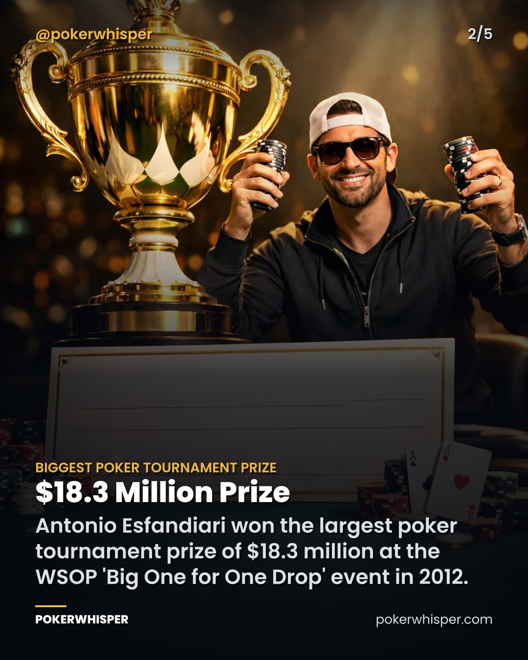 $18.3 Million Prize. Antonio Esfandiari won the largest poker tournament prize of $18.3 million at the WSOP 'Big One for One Drop' event in 2012.