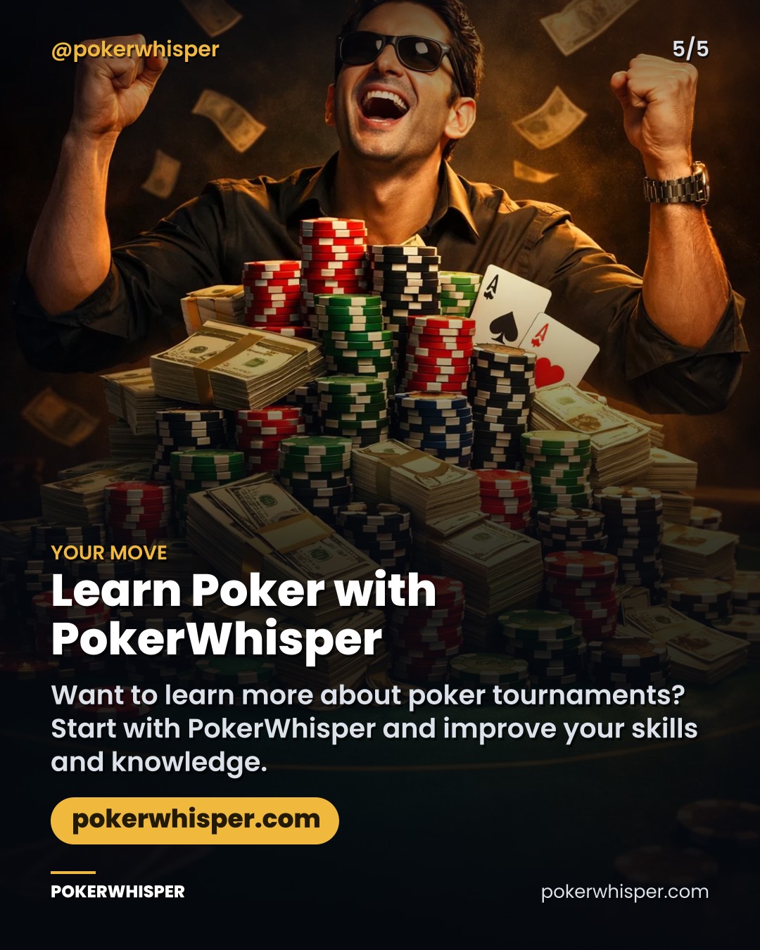 Learn Poker with PokerWhisper. Want to learn more about poker tournaments? Start with PokerWhisper and improve your skills and knowledge.
