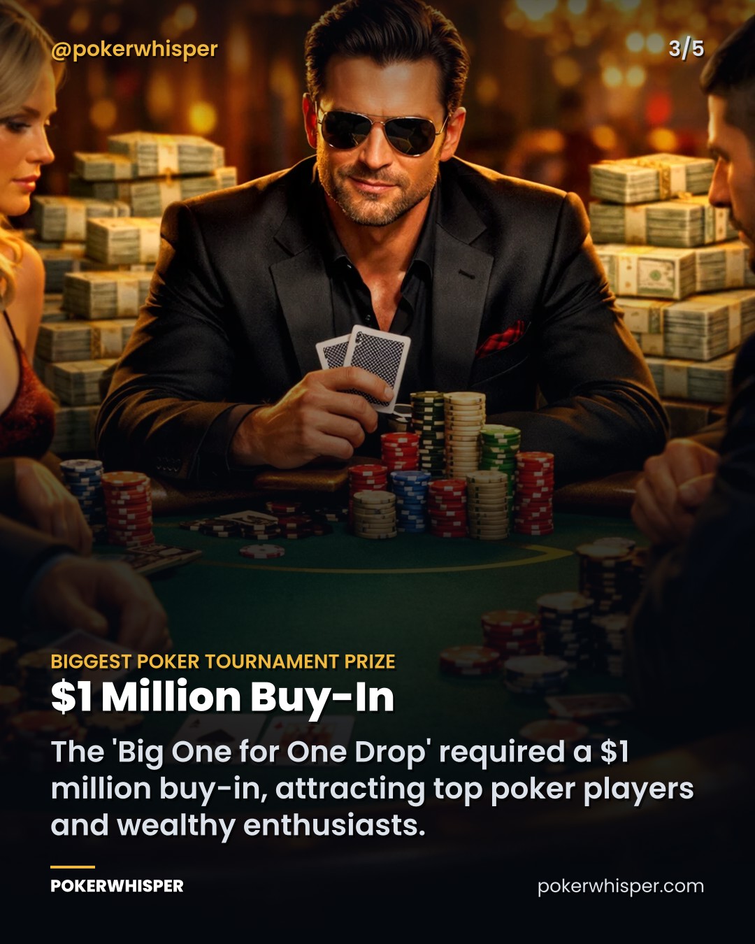 $1 Million Buy-In. The 'Big One for One Drop' required a $1 million buy-in, attracting top poker players and wealthy enthusiasts.